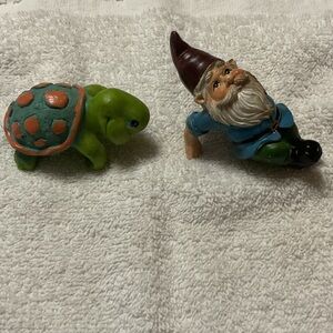 Green Turtle and Blue Gnome Figurine Set plant or shelve hangers.